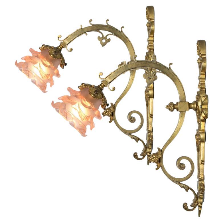 Paire de Lights en laiton Jugendstil Fleur rose, France 1930