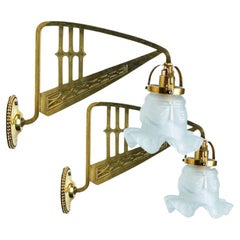 Antique Pair of Jugendstil Brass Wall Lights White Flower, France 1910
