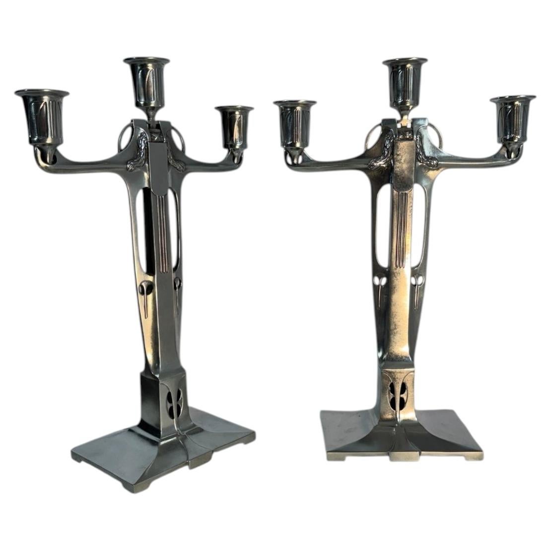 Pair of Jugendstil Candlesticks pewter by Achille Gamba