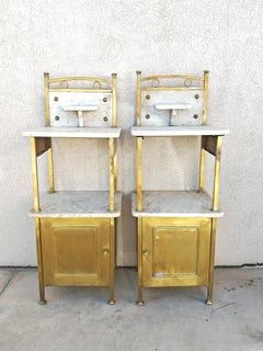 Pair of Jugendstil Nightstands or Bathroom Cabinets in Brass and Marble, Austria