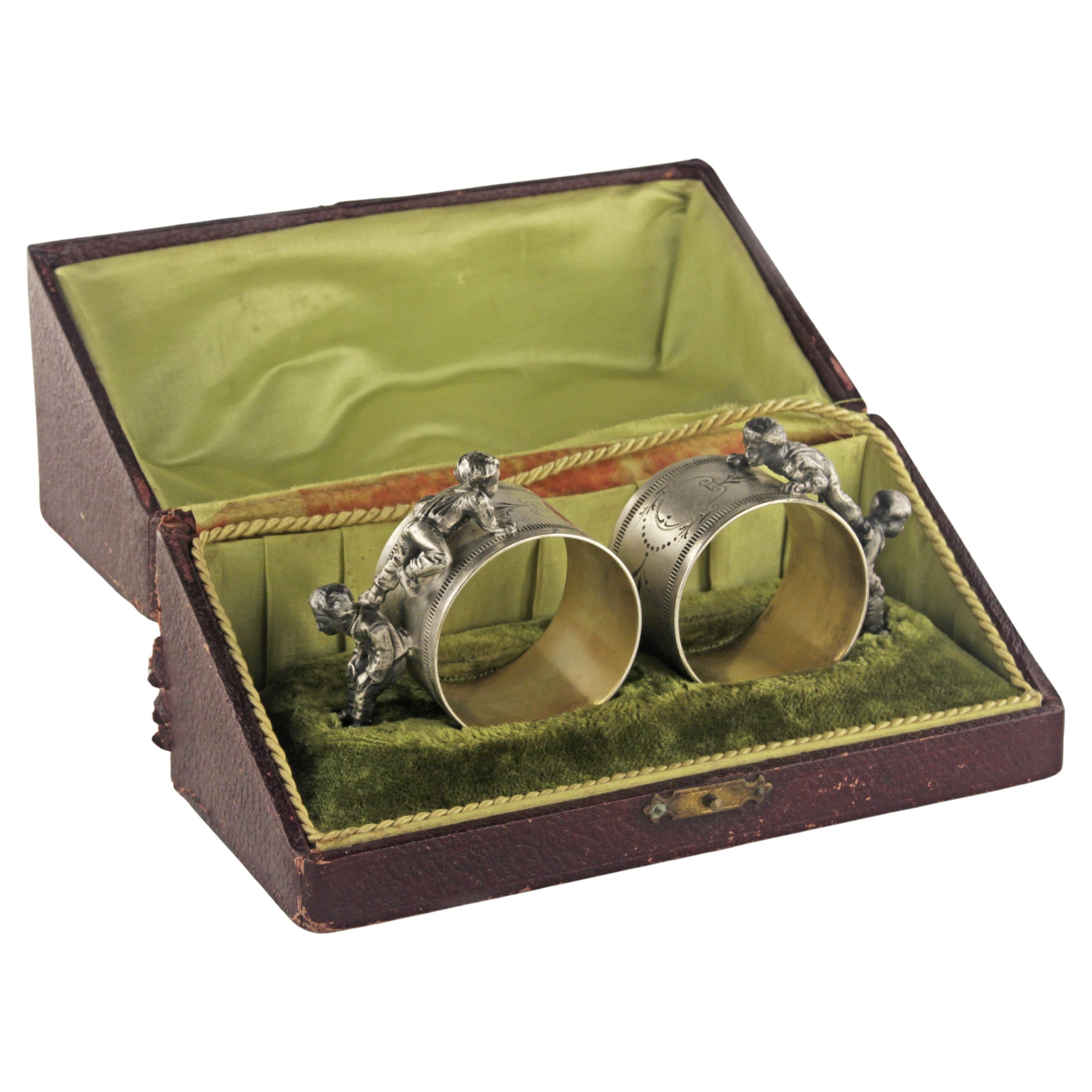 Pair of Jugendstil Silver Napkin Rings and Decorative Box by German Makers WMF For Sale