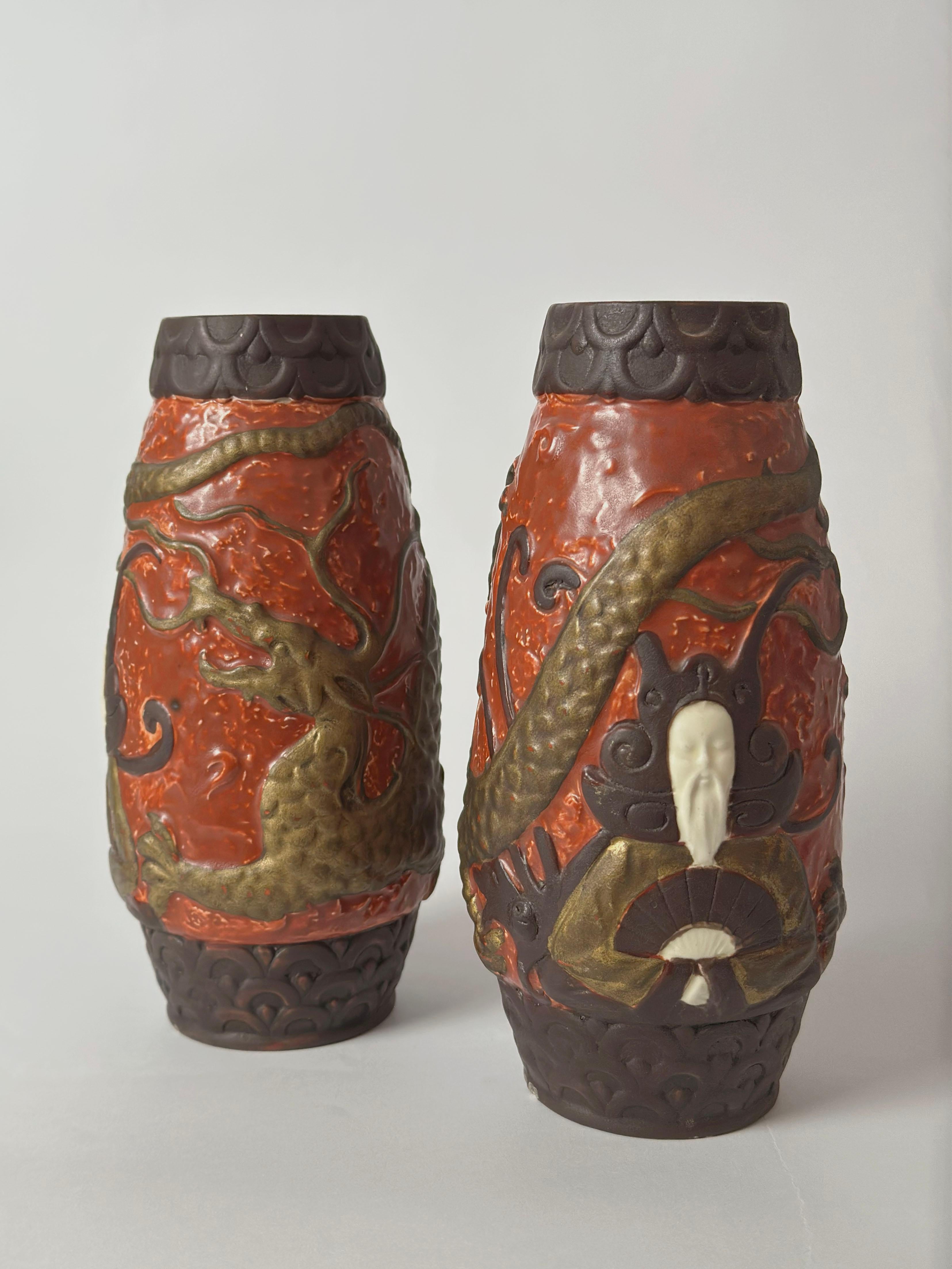 Hand-Crafted Pair of Jugendstil Style Ceramic Dragon Vases by BB Hohenstein, Germany For Sale