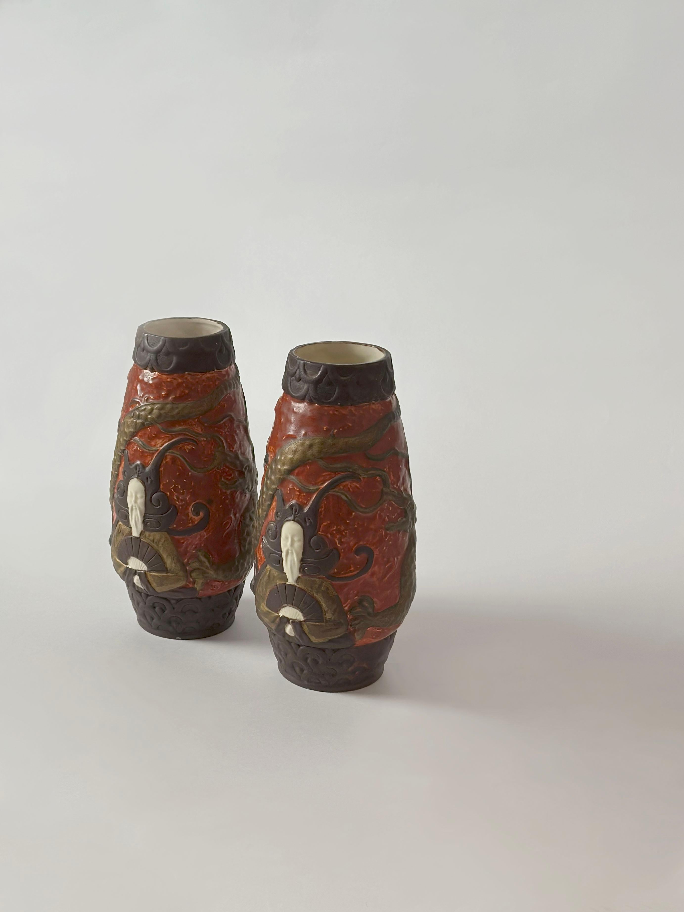 Pair of Jugendstil Style Ceramic Dragon Vases by BB Hohenstein, Germany In Good Condition For Sale In Glasgow, GB