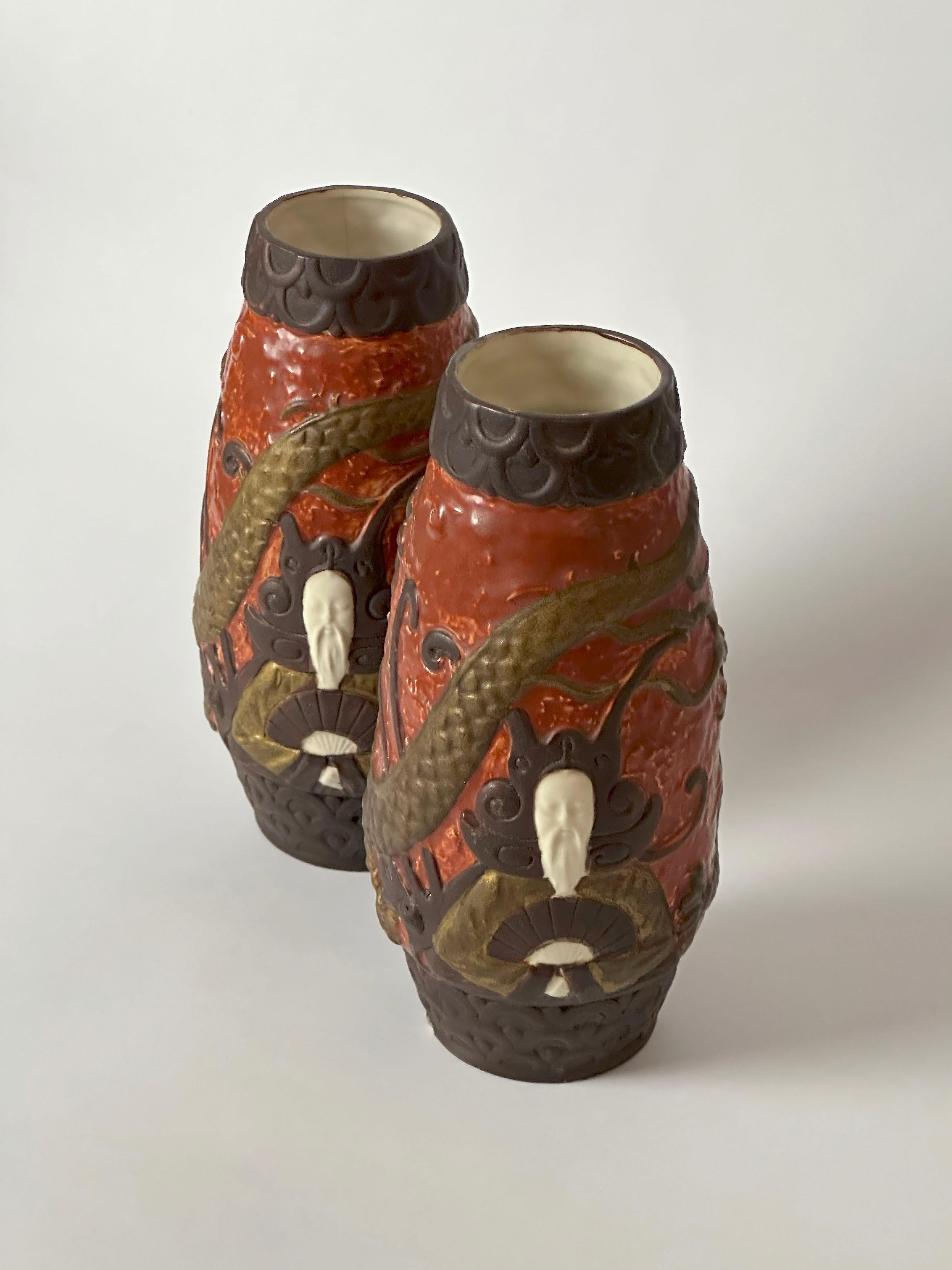 Porcelain Pair of Jugendstil Style Ceramic Dragon Vases by BB Hohenstein, Germany For Sale