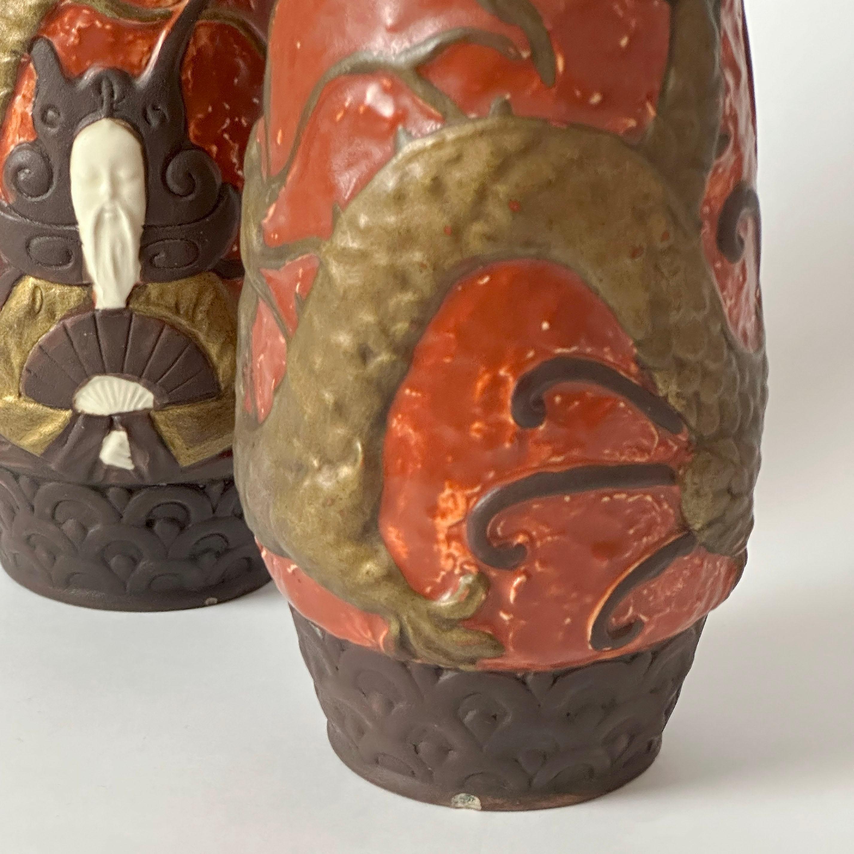 Pair of Jugendstil Style Ceramic Dragon Vases by BB Hohenstein, Germany For Sale 1