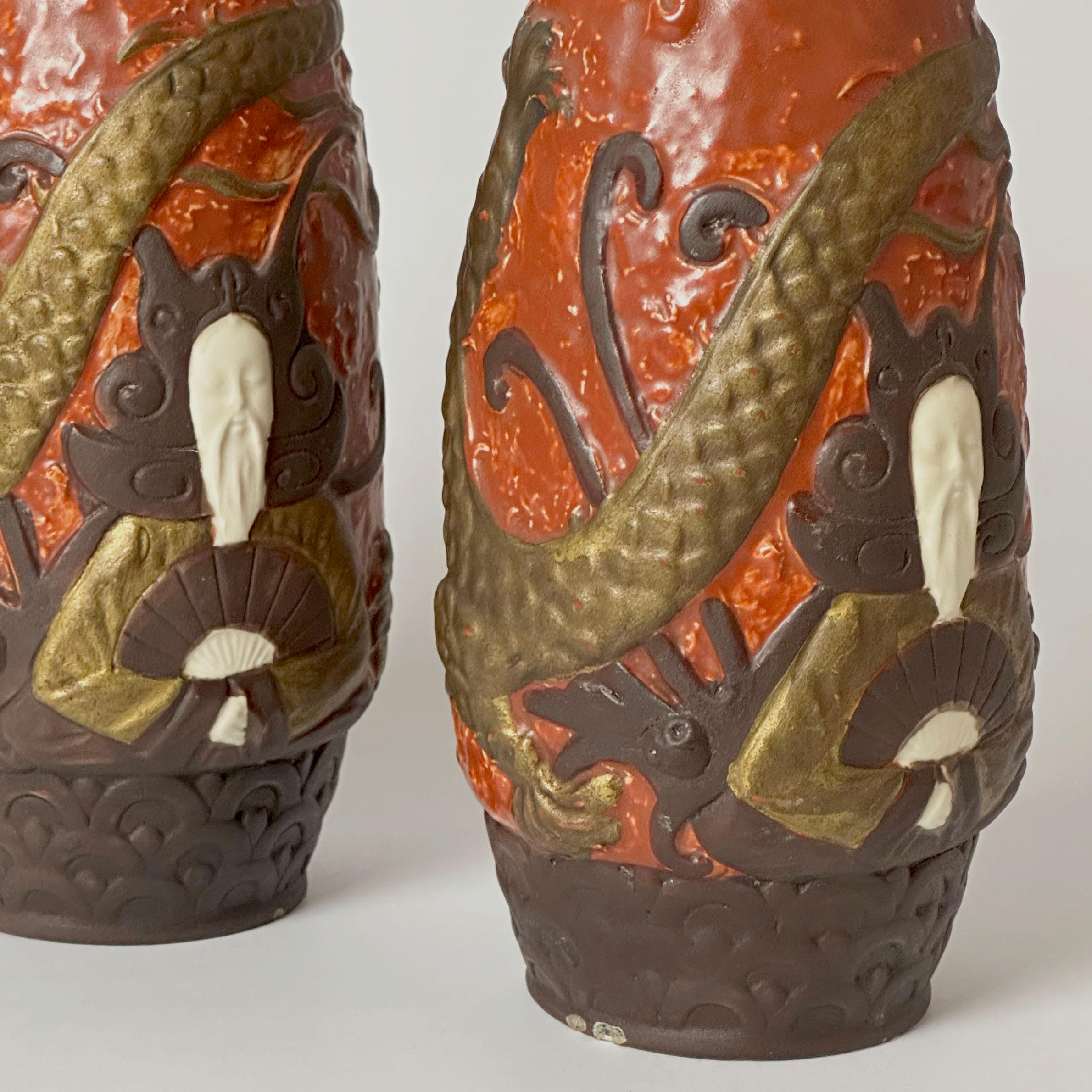 Pair of Jugendstil Style Ceramic Dragon Vases by BB Hohenstein, Germany For Sale 3