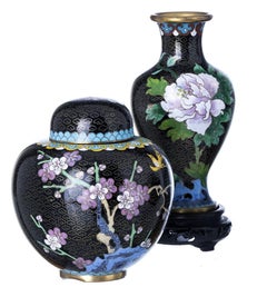 Pair of jugs and pair of pots with lids; cloisonne