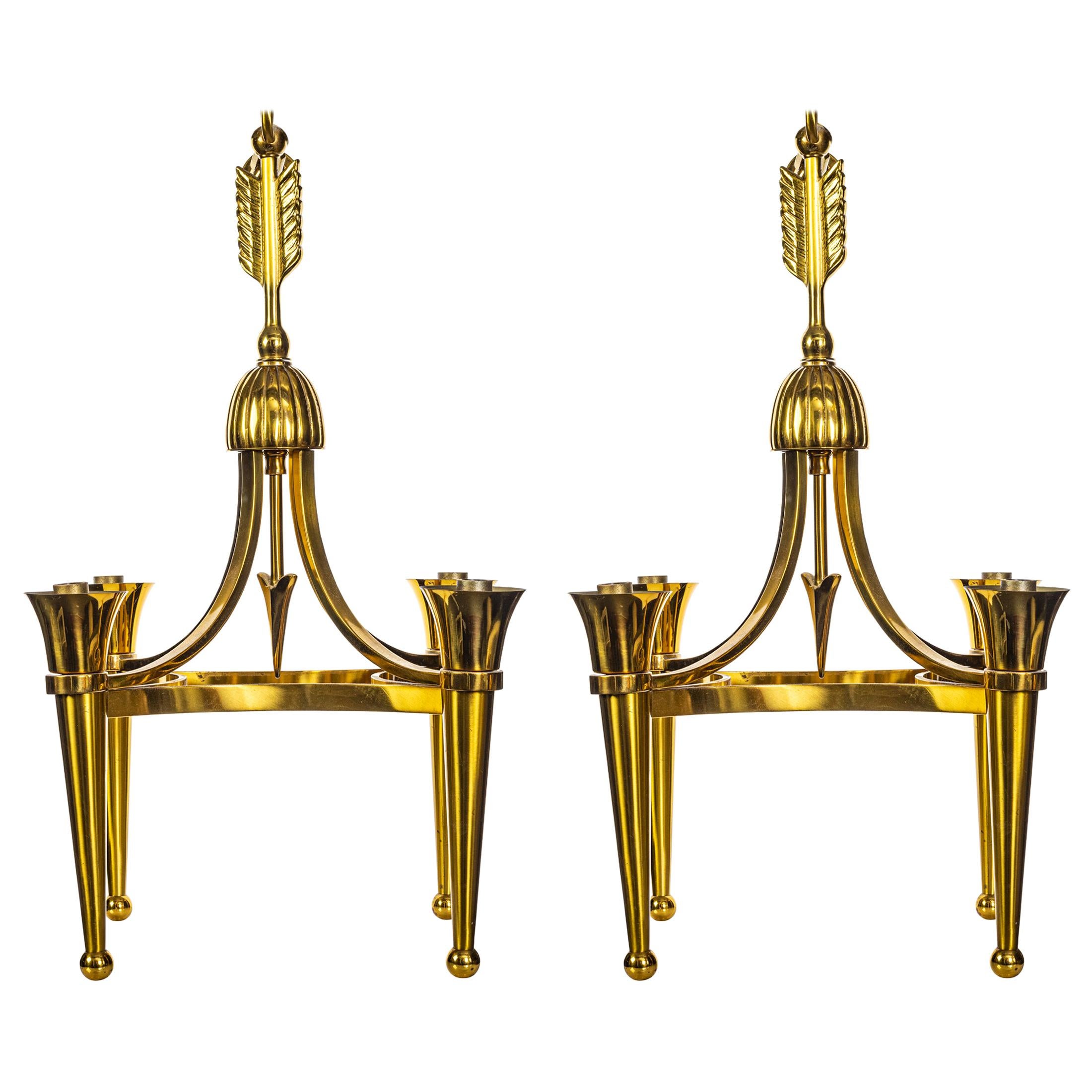 Pair of "Jules Leleu" Bronze Chandeliers, French, circa 1940s