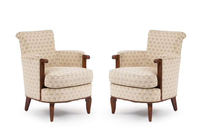Mahogany Pair of Jules Leleu French Art Deco Berg√©re Arm Chairs For Sale