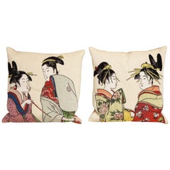 Pair of Jules Pansu Four Japanese Women Tapestry Square Pillows