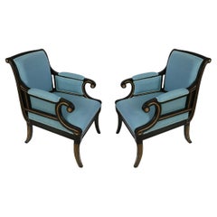 Pair of Julian Chichester Regency Style Chairs Upholstered in Raw Blue Silk