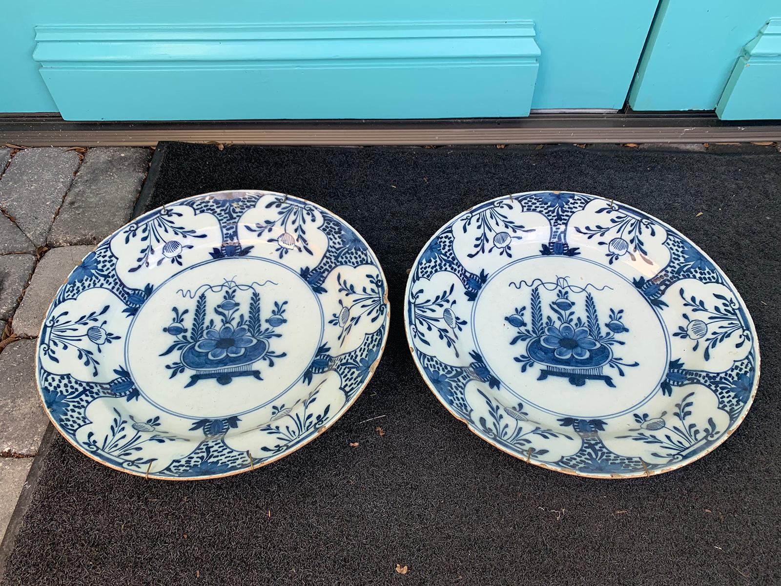 18th Century and Earlier Pair of Jumbo 18th Century Delft Blue and White Chargers