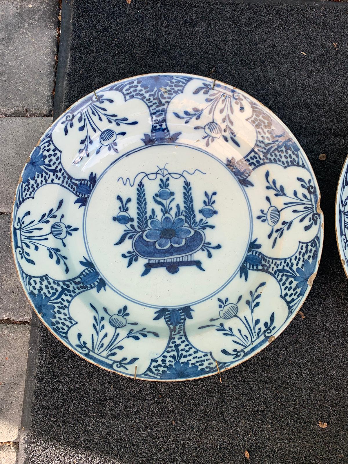 Porcelain Pair of Jumbo 18th Century Delft Blue and White Chargers