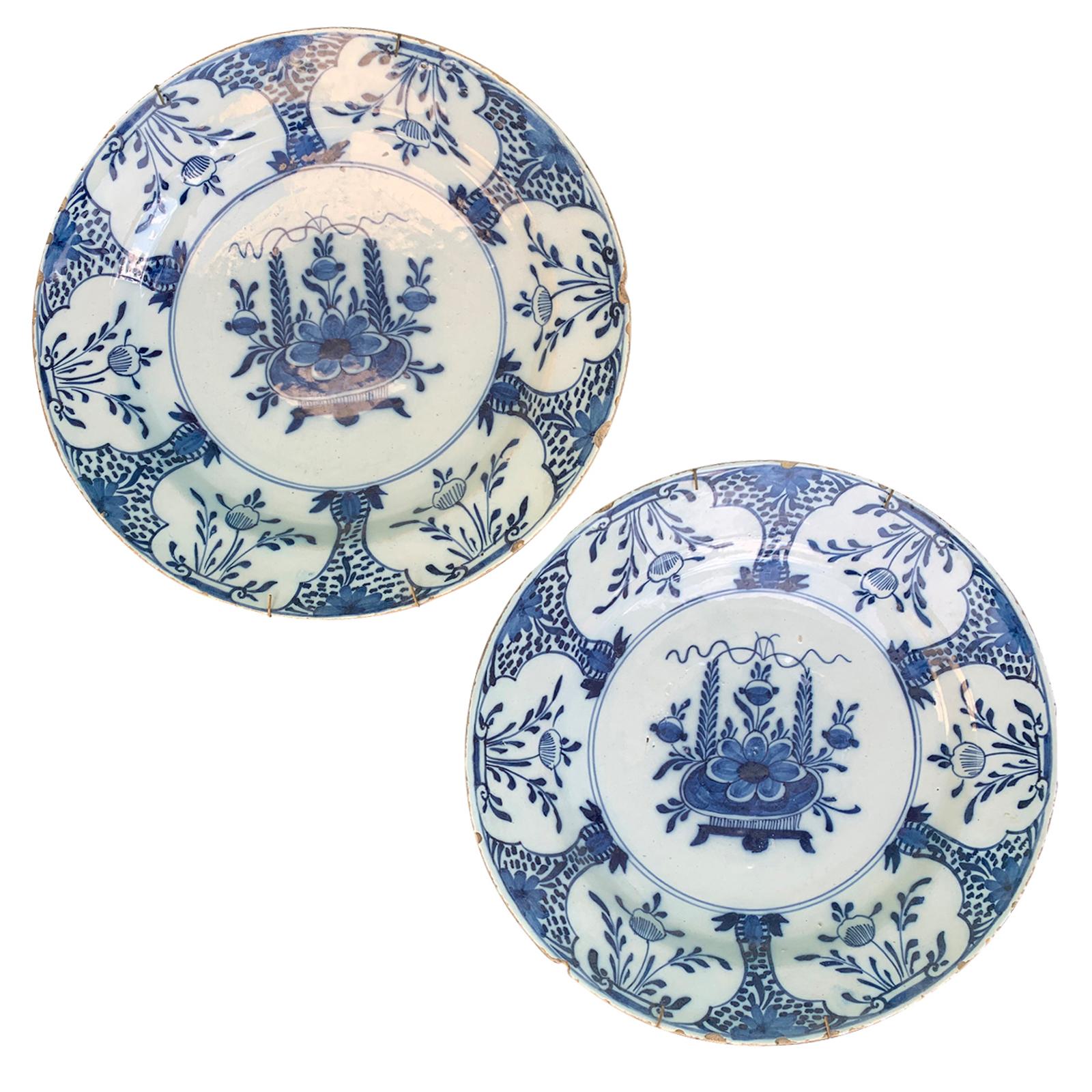 Pair of Jumbo 18th Century Delft Blue and White Chargers