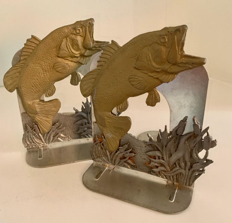 Metal Pair of Jumping Fish Bookends For Sale
