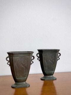 Just Andersen Art Nouveau Vases, Disco Metal, Figurative Motifs, 1930