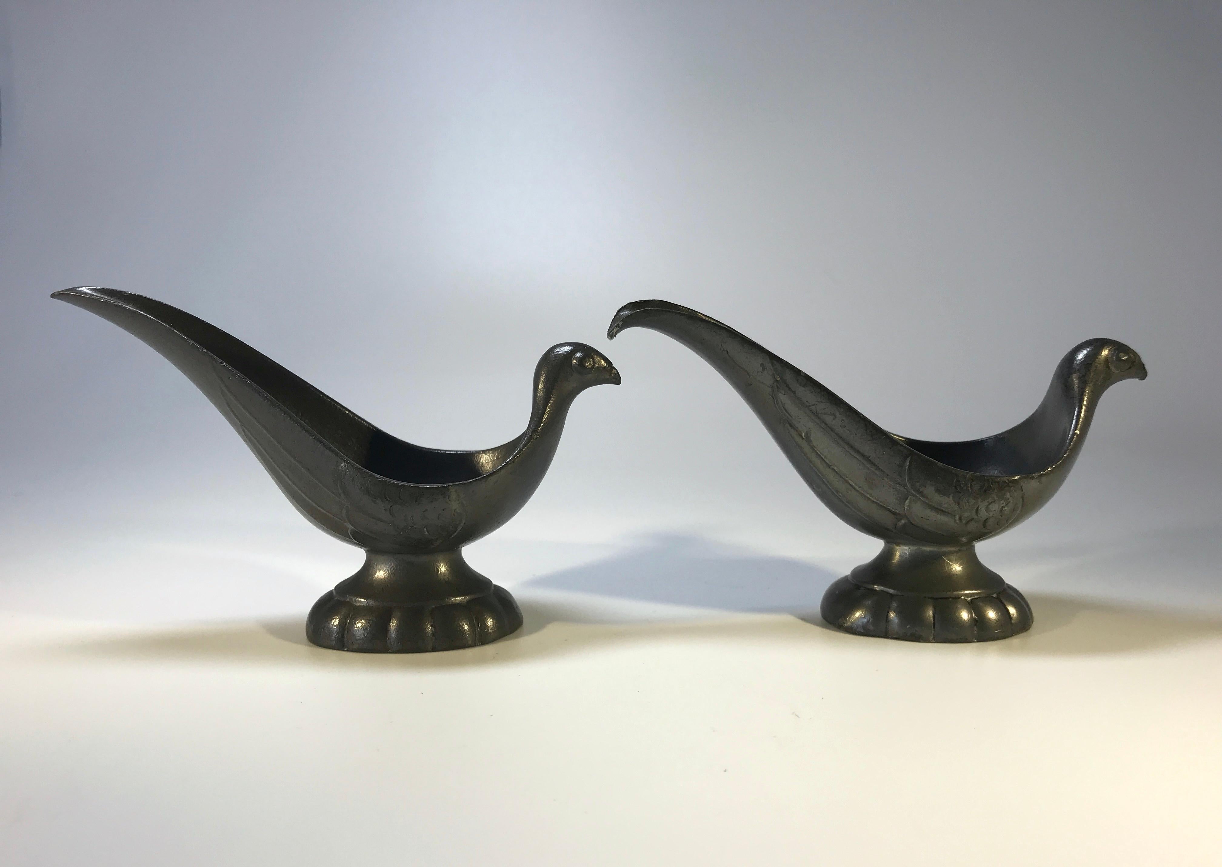 Danish Pair of Just Andersen, Denmark 1930s Art Deco Pewter Stylised Bird Pipe Holders