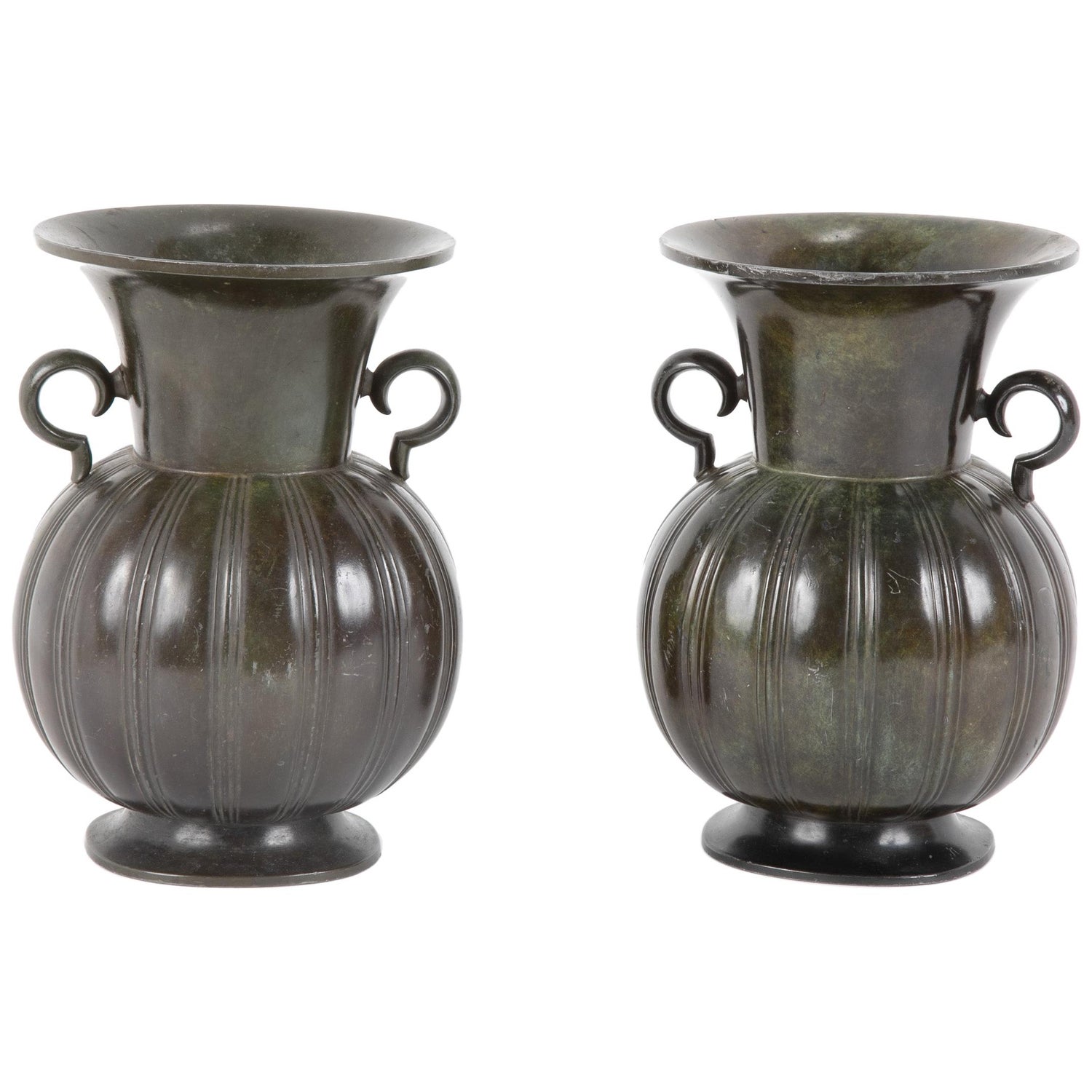 Pair Of Just Andersen Disko Metal Patinated Vases At 1stdibs