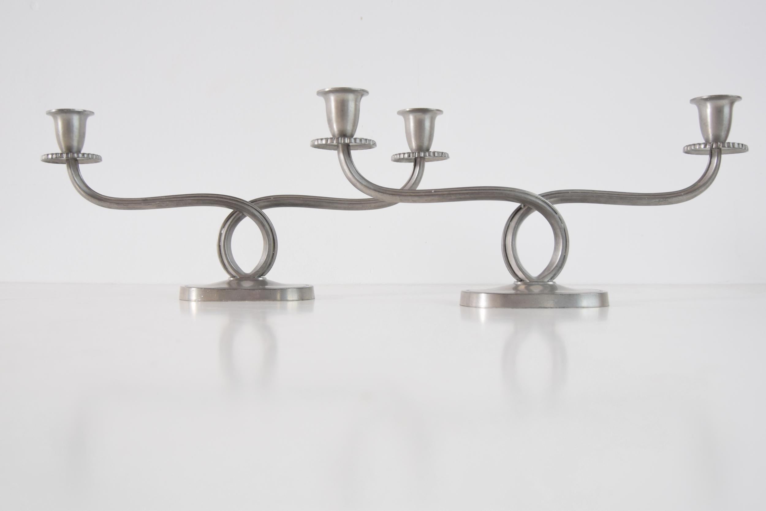 Danish Pair of Just Andersen Pewter Candlesticks For Sale