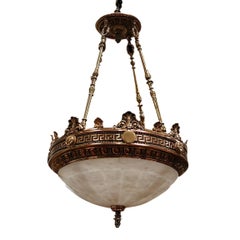 Pair of Justice Chandelier – Early 20th C. Beaux-Arts Bronze & Alabaster Fixture