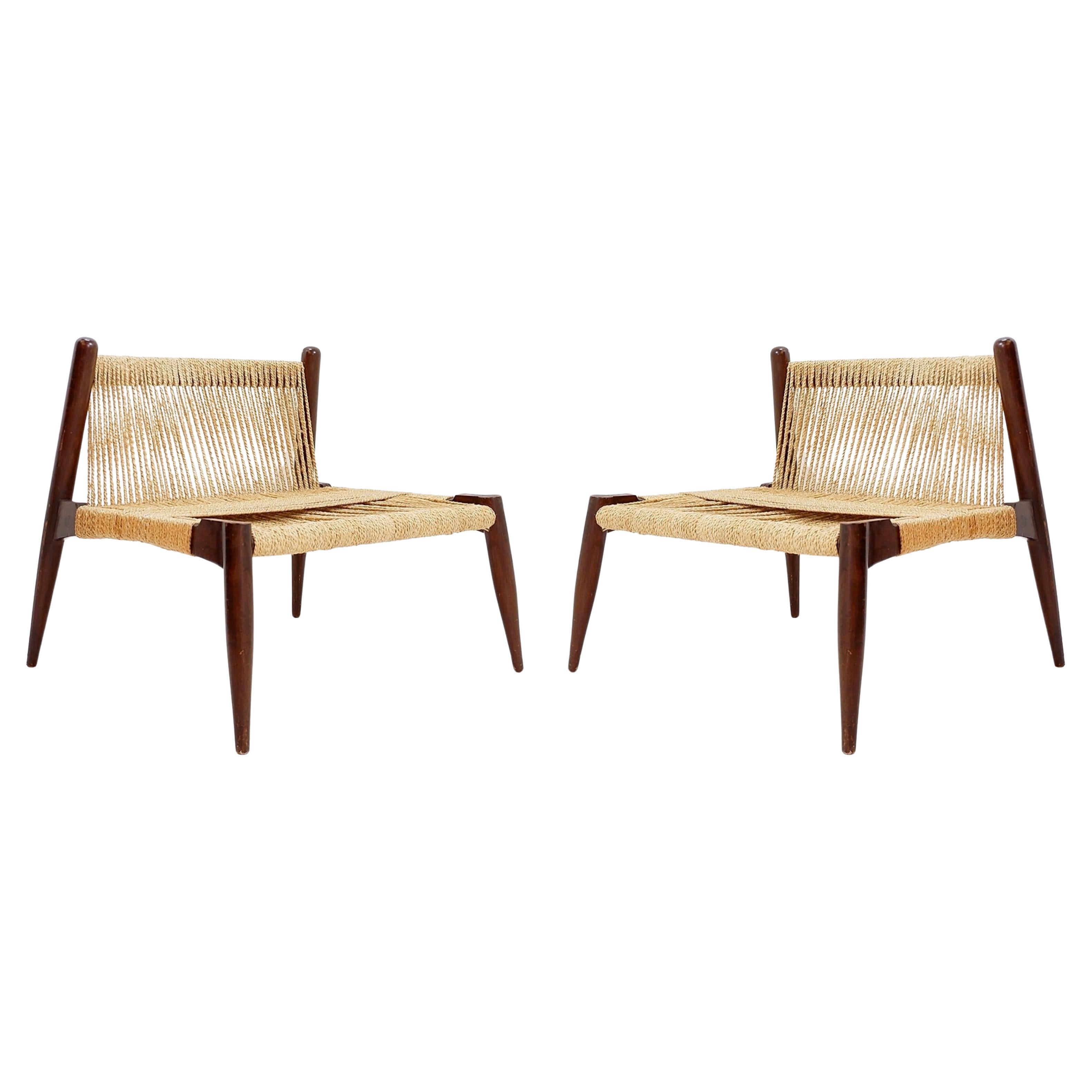 Pair of Jute Rope Weave and Solid Wood lounge Chairs For Sale