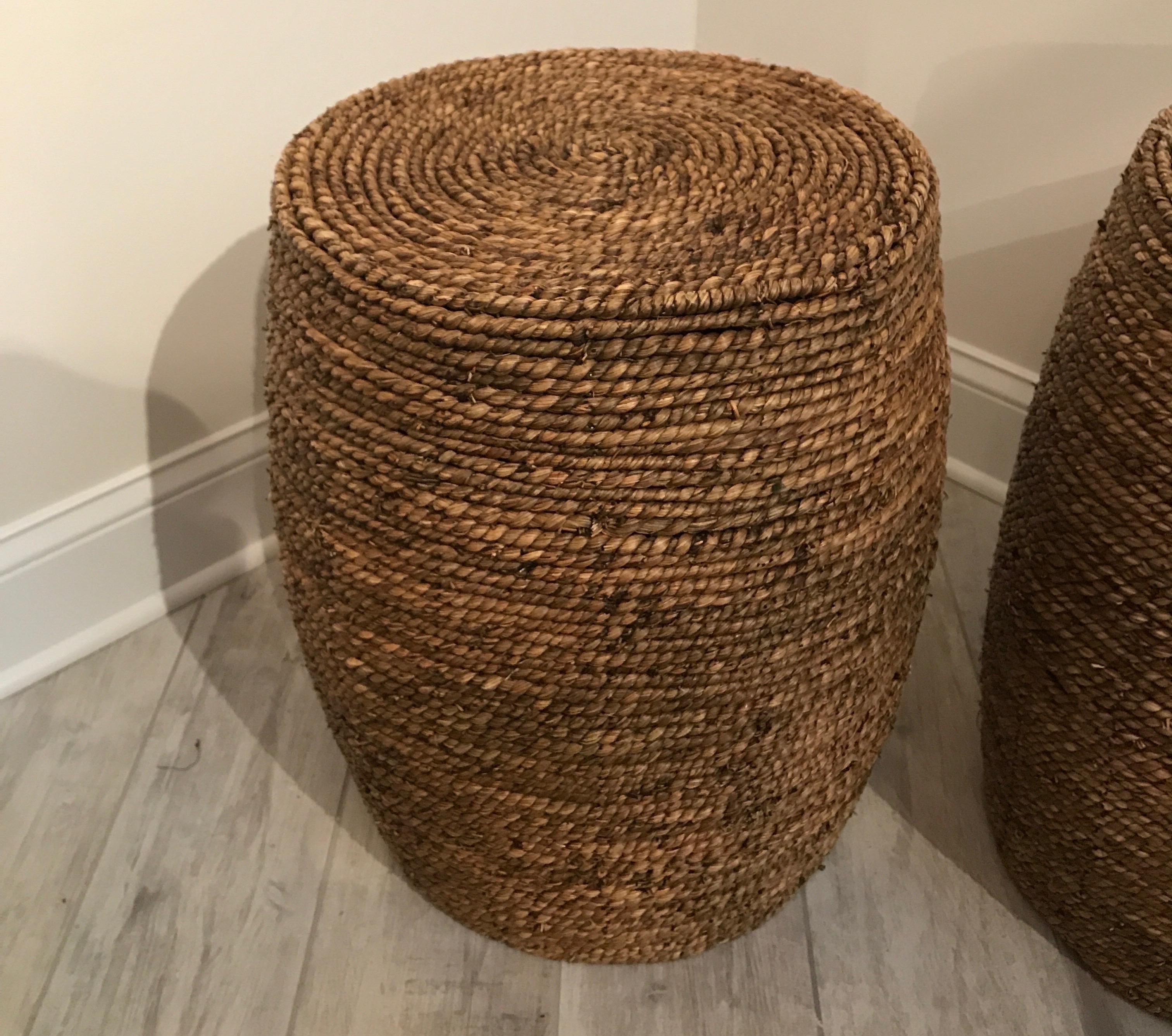 Pair of natural jute wrapped wood garden seats / side tables.