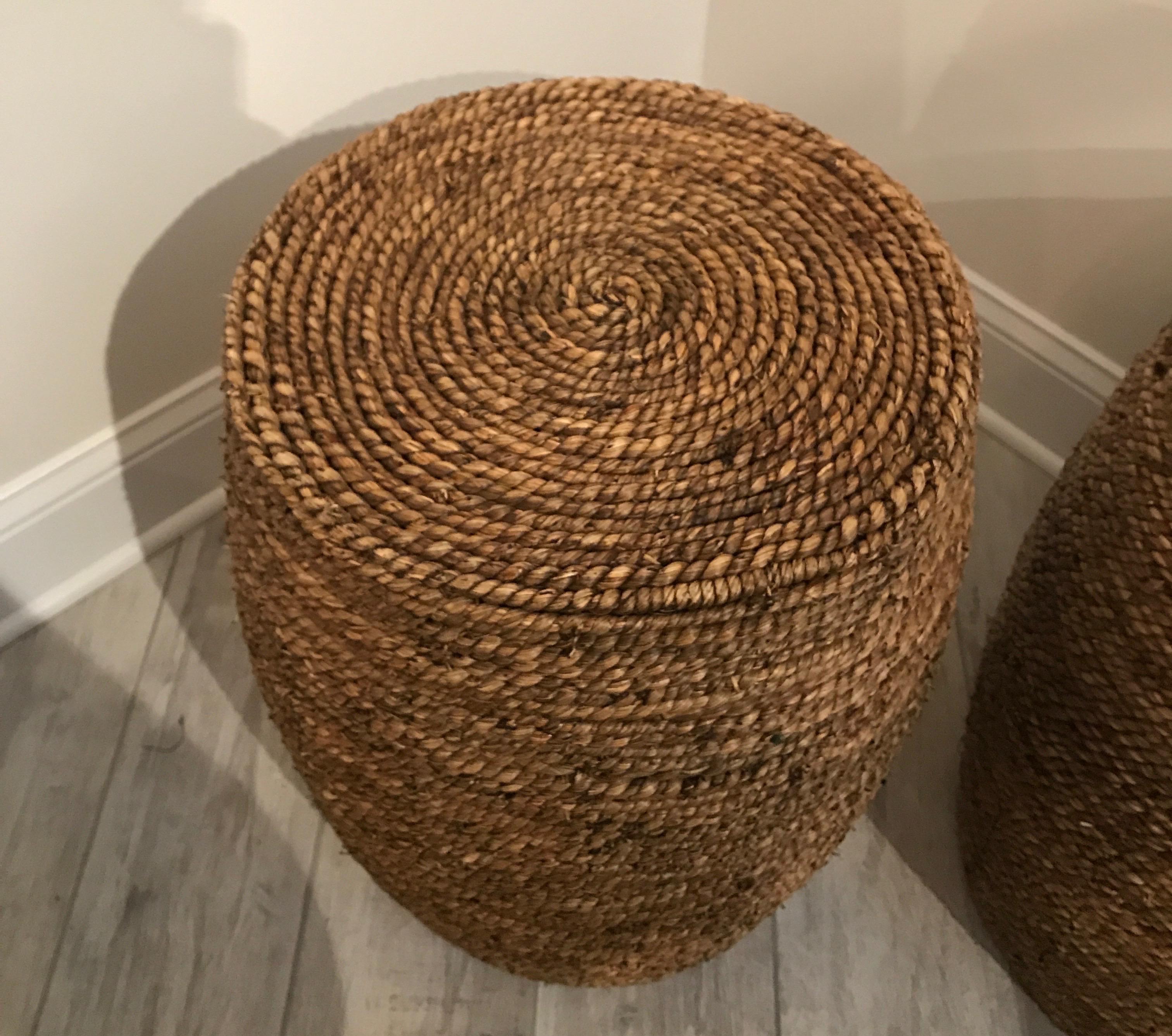 Pair of Jute Wrapped Wood Garden Seats In Good Condition In West Palm Beach, FL