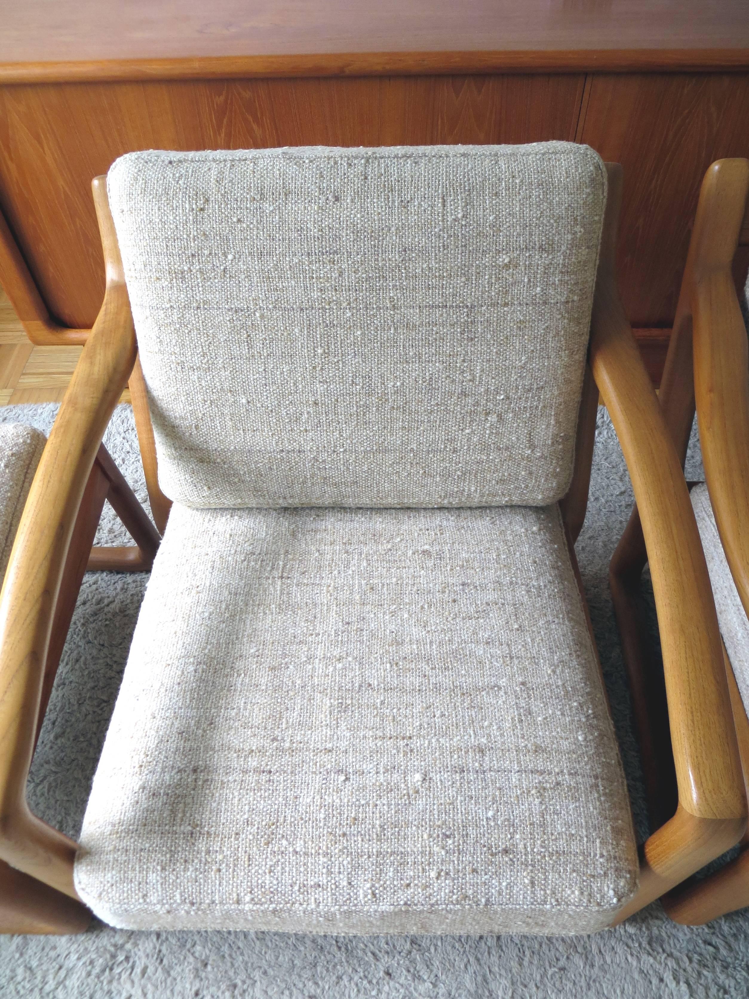 Wool Pair of Juul Kristensen / JK Denmark Solid Teak Easy Chairs and Ottomans, 1960s