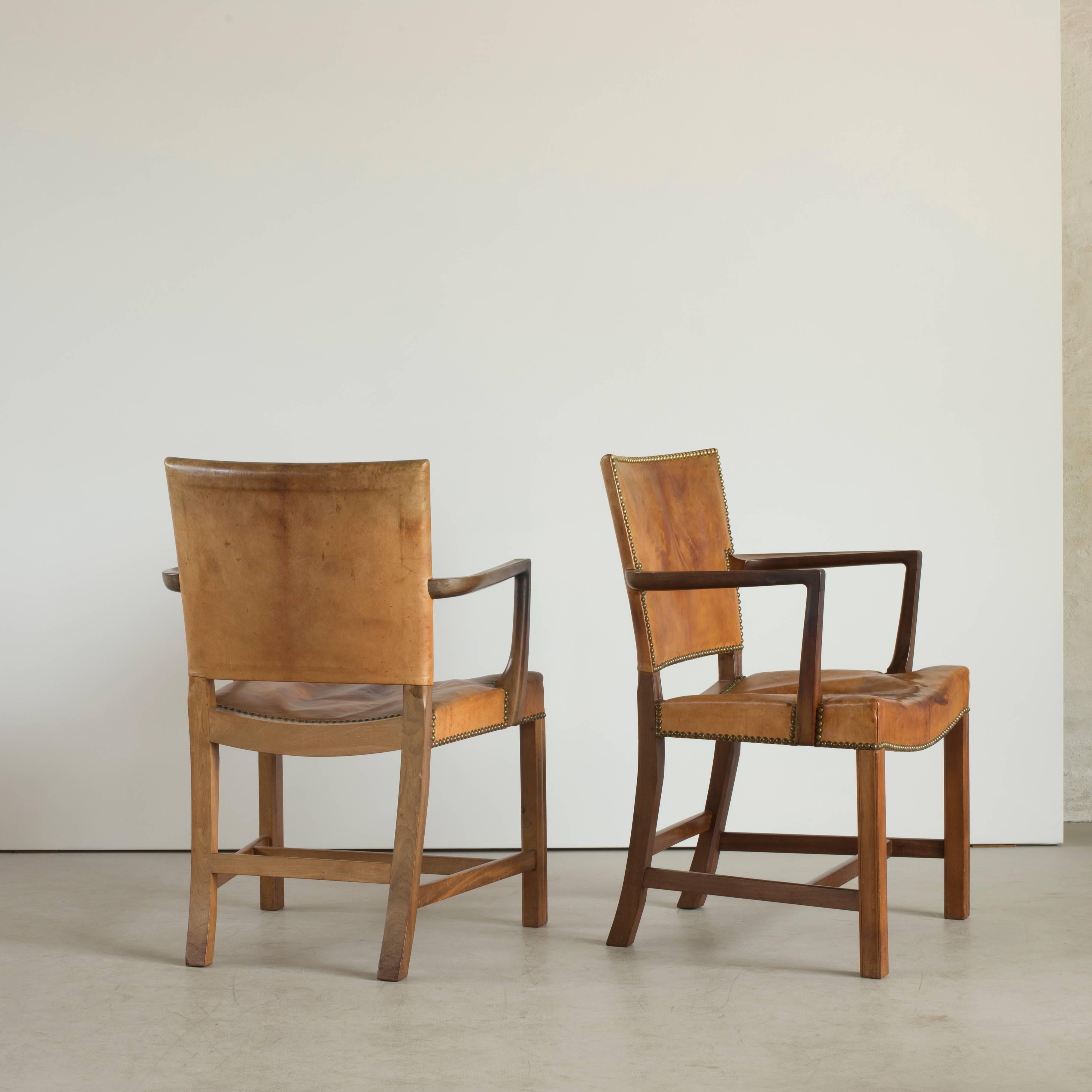 Pair of Kaare Klint armchairs in Cuban mahogany and Niger leather. Executed by Rud. Rasmussen, 1930s.

Reverse with paper label ‘RUD. RASMUSSEN/SNEDKERIER/45 NØRREBROGADE/KØBENHAVN.