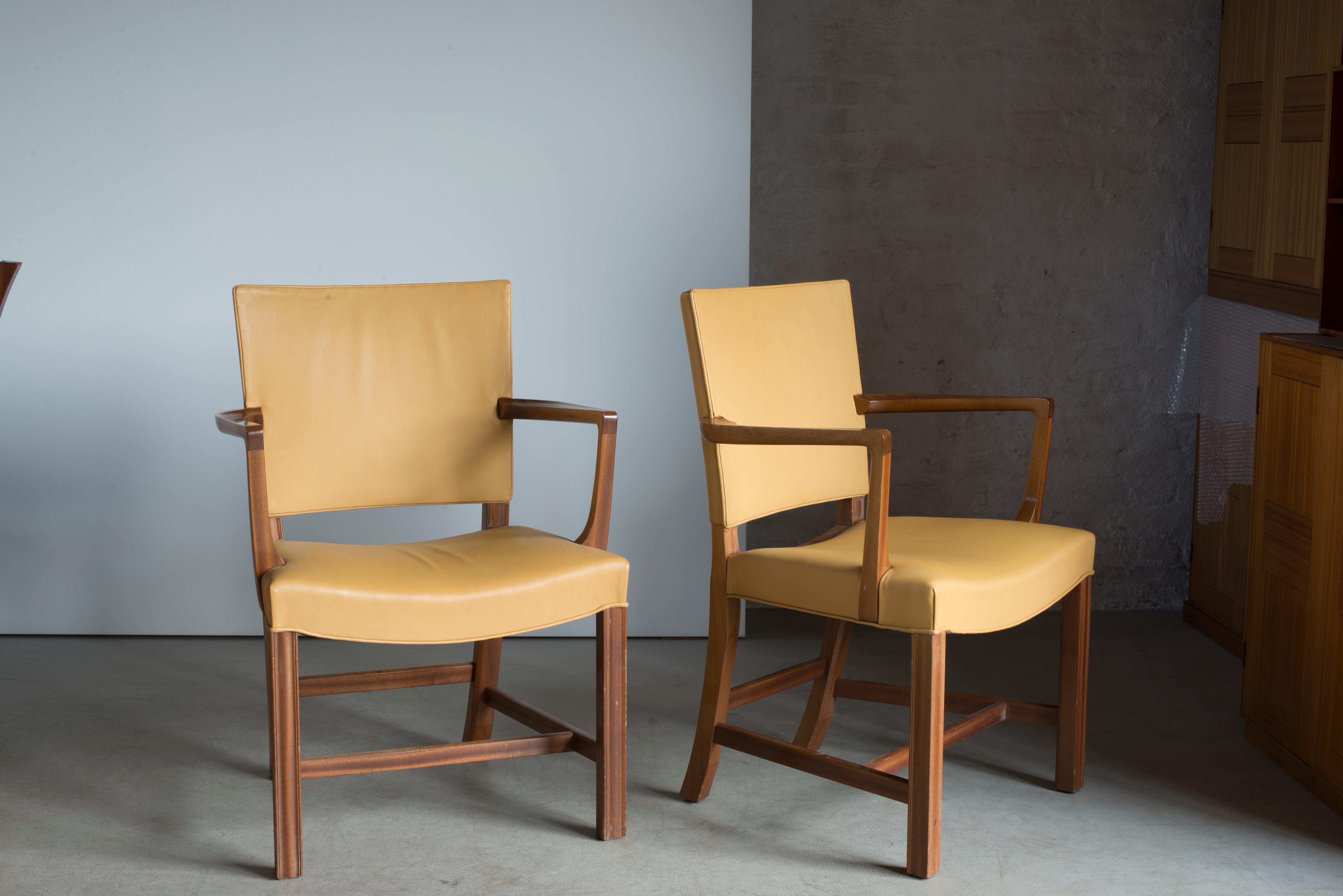 Pair of Kaare Klint armchairs in mahogany and leather. Executed by Rud. Rasmussen.