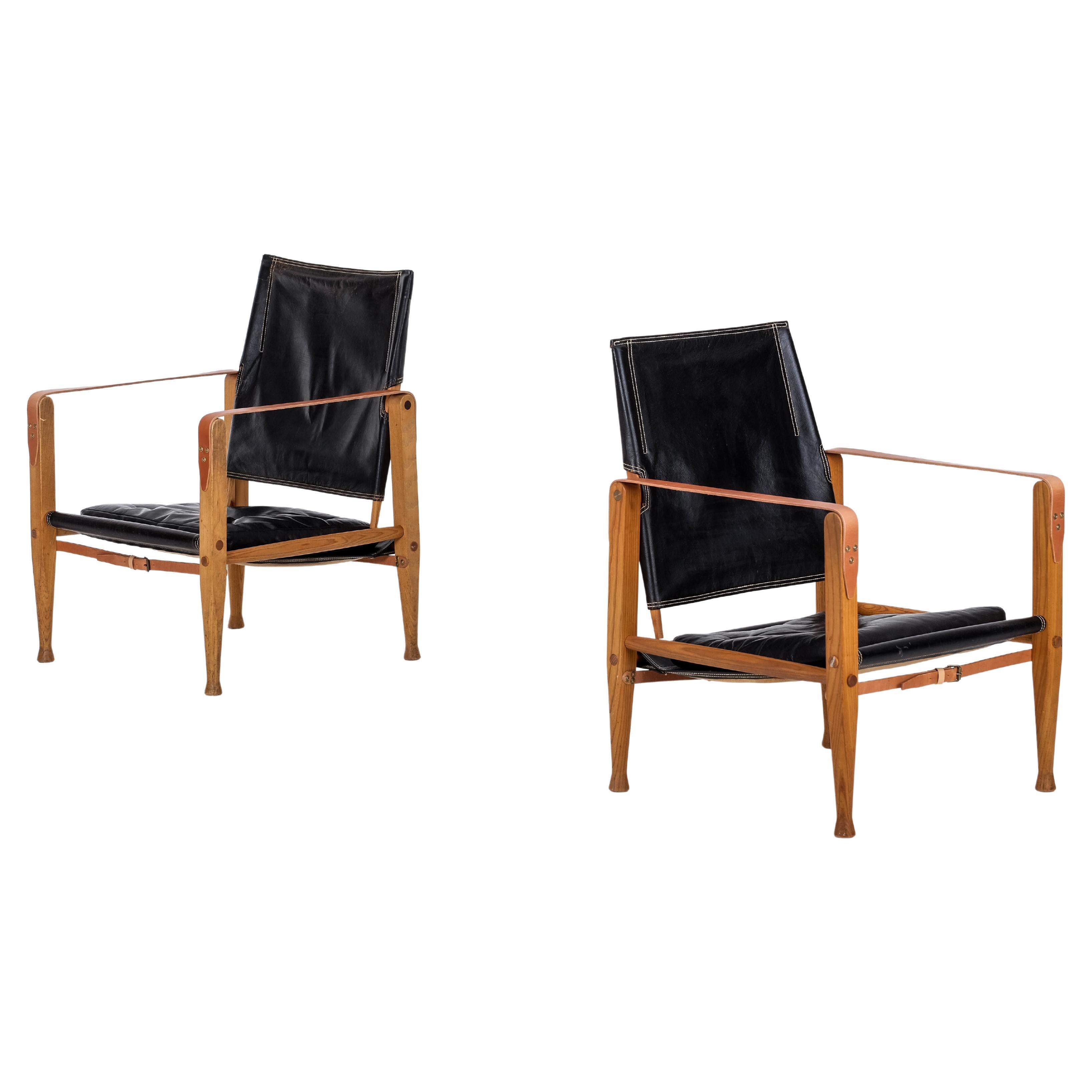 Pair of Kaare Klint Black Leather Safari Chairs, 1960s For Sale