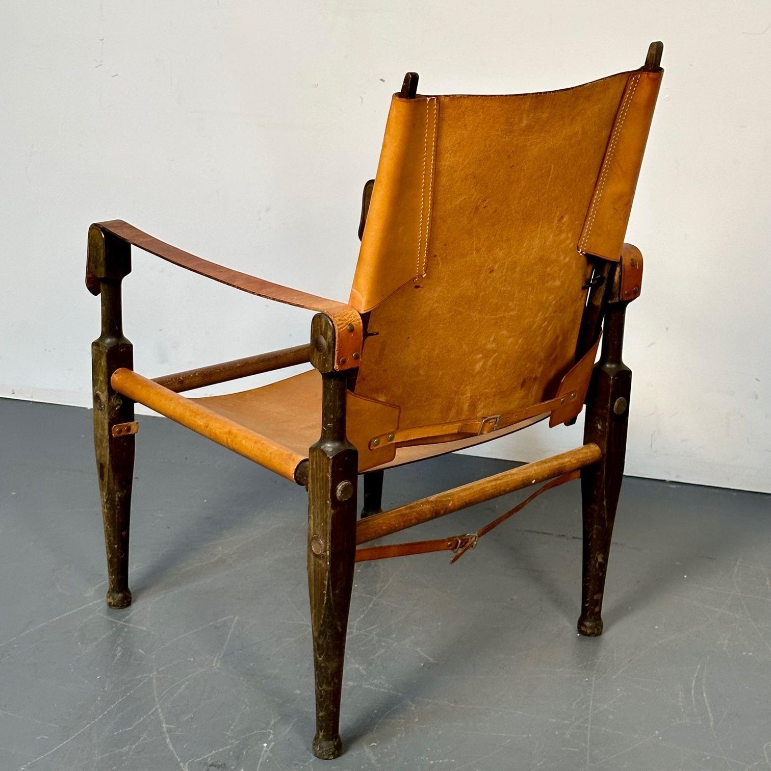 Kaare Klint, Danish Mid-Century Modern, Safari Lounge Chairs, Tan Leather, 1940s For Sale 5