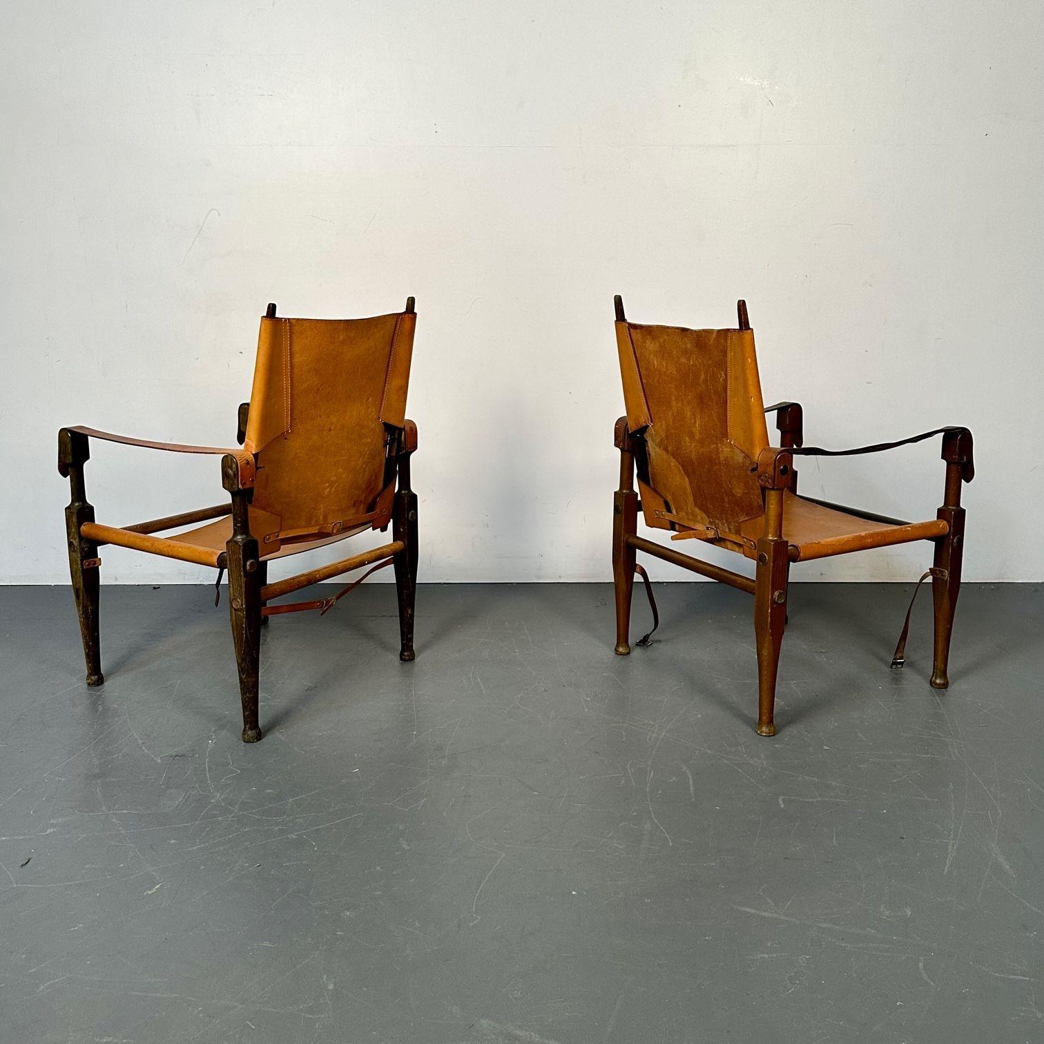 Kaare Klint, Danish Mid-Century Modern, Safari Lounge Chairs, Tan Leather, 1940s For Sale 6