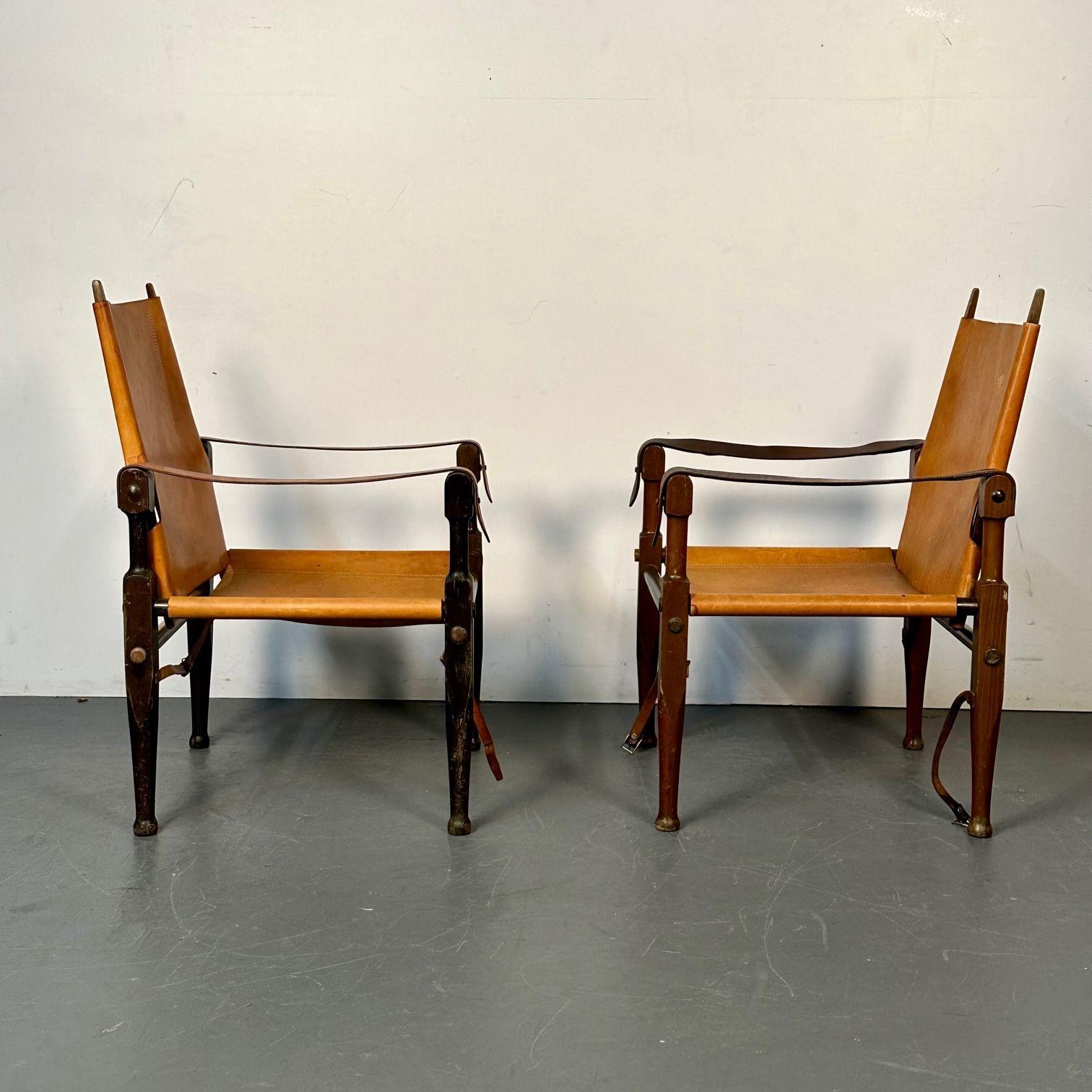 Kaare Klint, Danish Mid-Century Modern, Safari Lounge Chairs, Tan Leather, 1940s For Sale 8