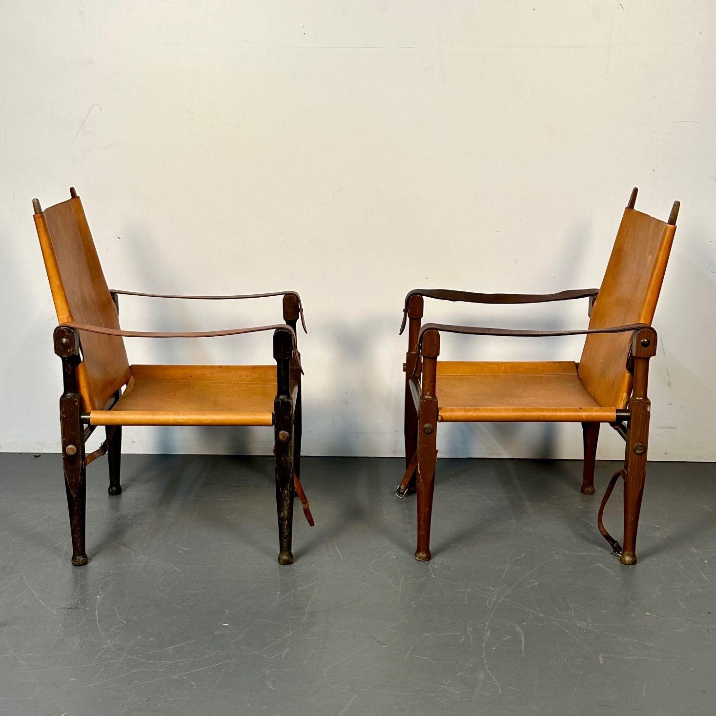 Kaare Klint, Danish Mid-Century Modern, Safari Lounge Chairs, Tan Leather, 1940s For Sale 9