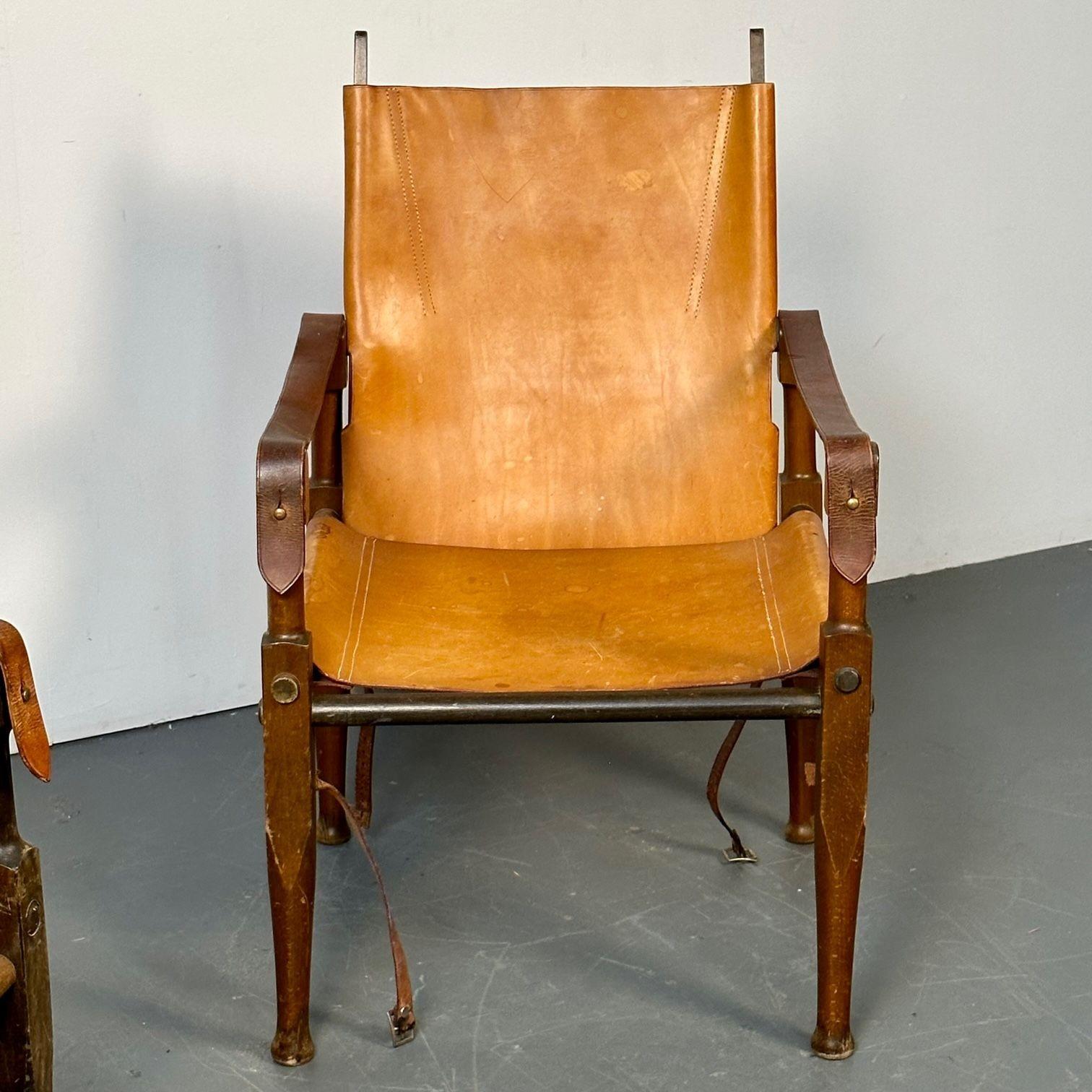 Kaare Klint, Danish Mid-Century Modern, Safari Lounge Chairs, Tan Leather, 1940s For Sale 10