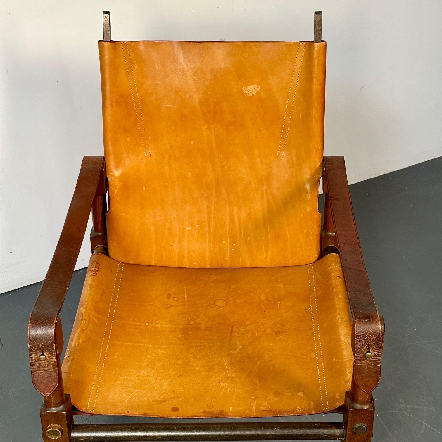 Kaare Klint, Danish Mid-Century Modern, Safari Lounge Chairs, Tan Leather, 1940s For Sale 11