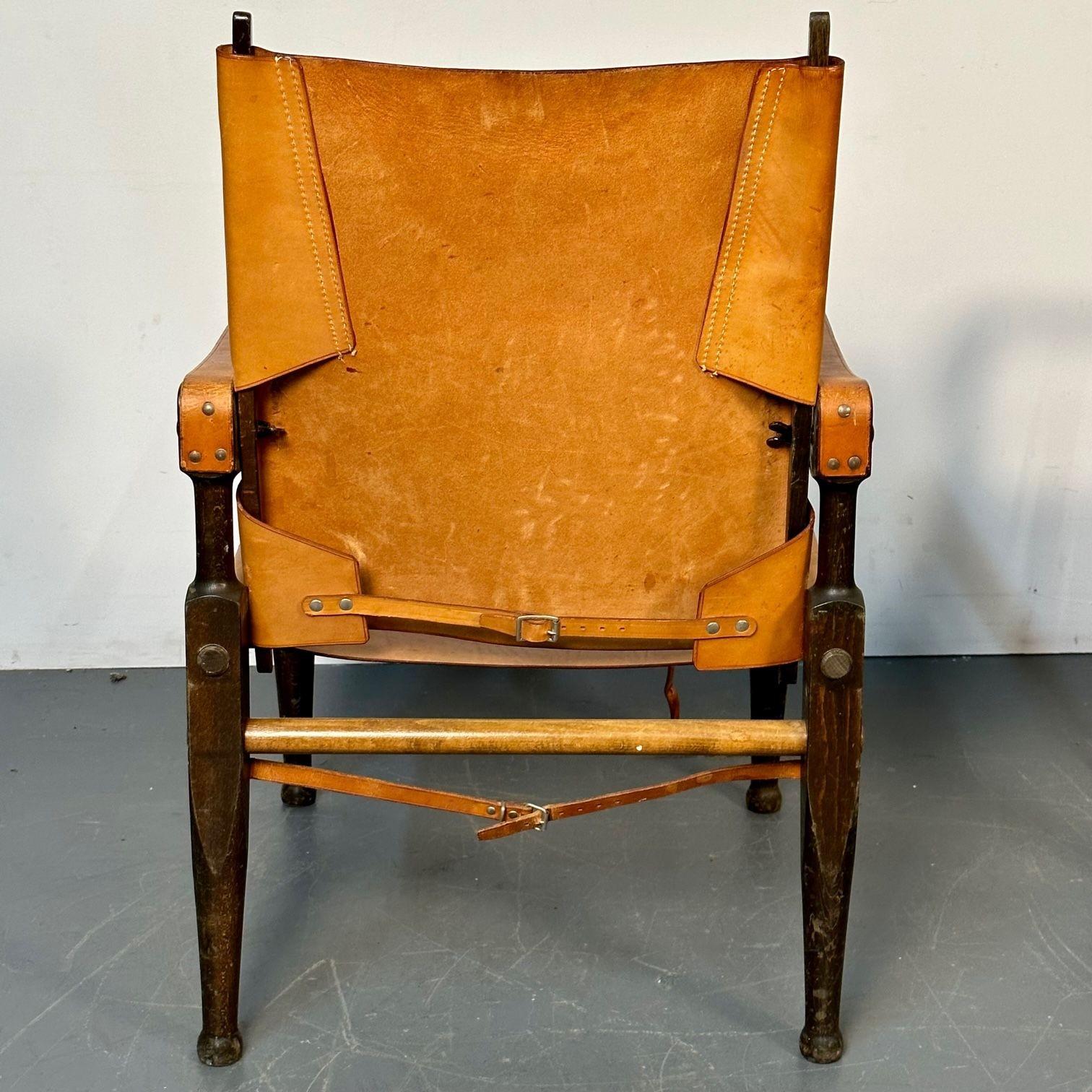 Kaare Klint, Danish Mid-Century Modern, Safari Lounge Chairs, Tan Leather, 1940s For Sale 14