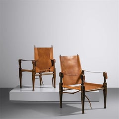Kaare Klint, Danish Mid-Century Modern, Safari Lounge Chairs, Tan Leather, 1940s