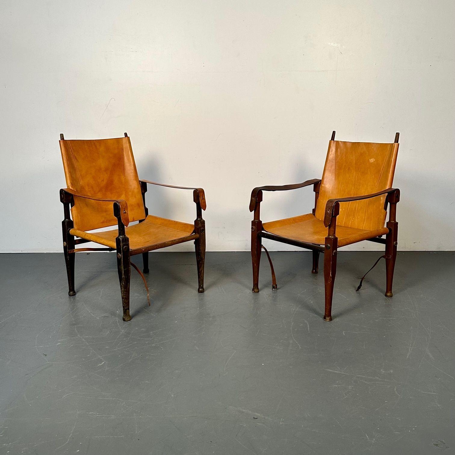 Kaare Klint, Danish Mid-Century Modern, Safari Lounge Chairs, Tan Leather, 1940s In Good Condition For Sale In Stamford, CT