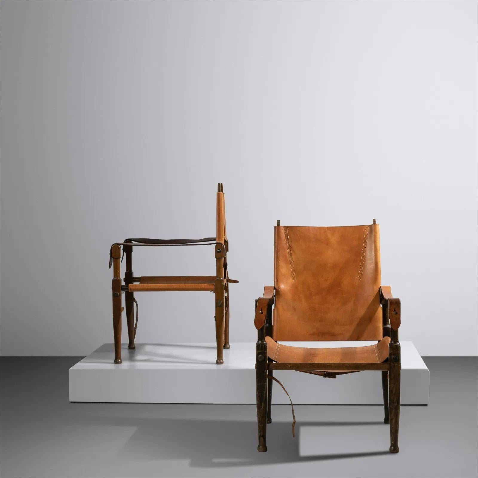 Mid-20th Century Kaare Klint, Danish Mid-Century Modern, Safari Lounge Chairs, Tan Leather, 1940s For Sale
