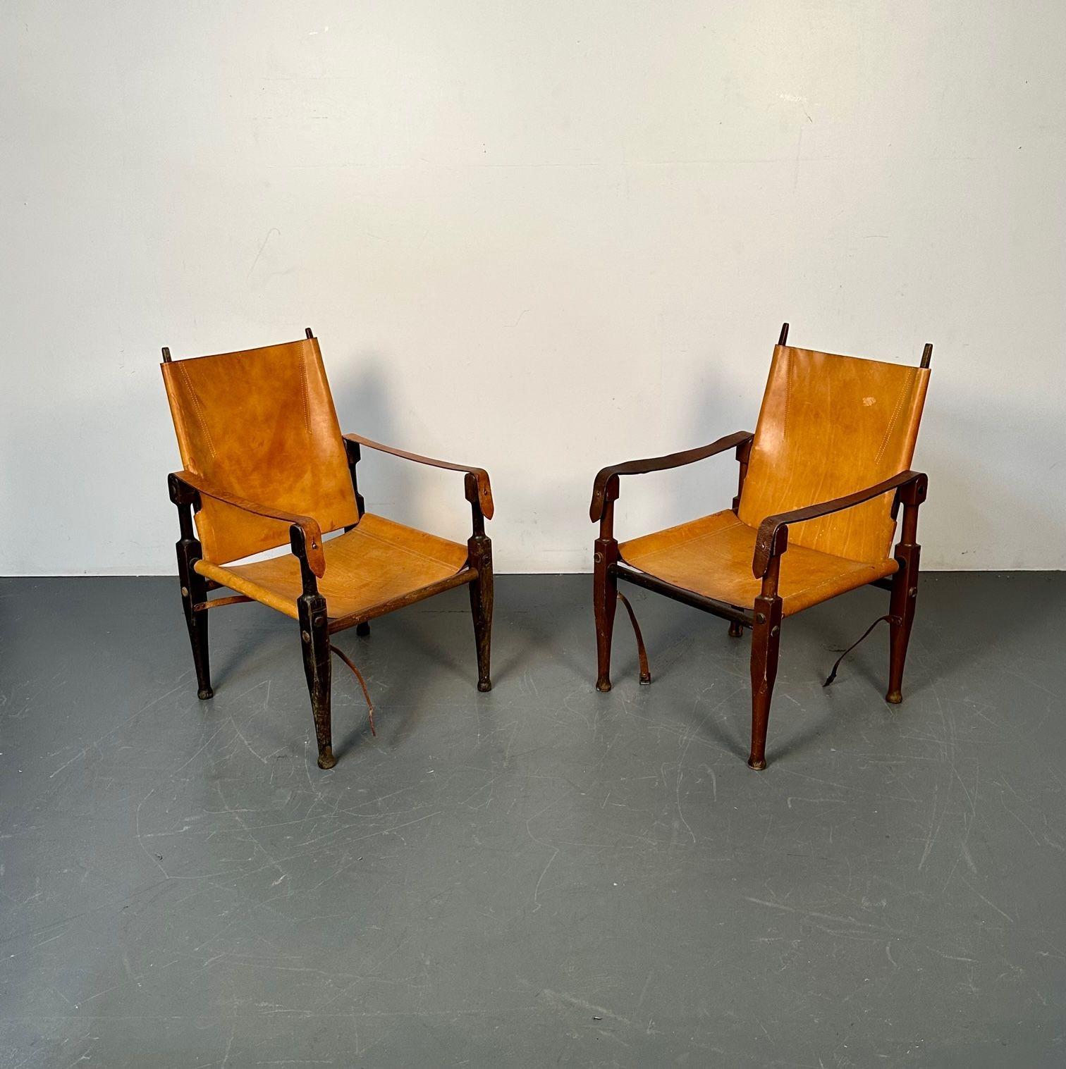 Brass Kaare Klint, Danish Mid-Century Modern, Safari Lounge Chairs, Tan Leather, 1940s For Sale