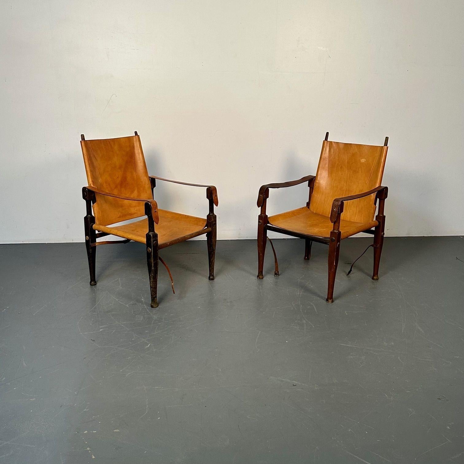 Kaare Klint, Danish Mid-Century Modern, Safari Lounge Chairs, Tan Leather, 1940s For Sale 1