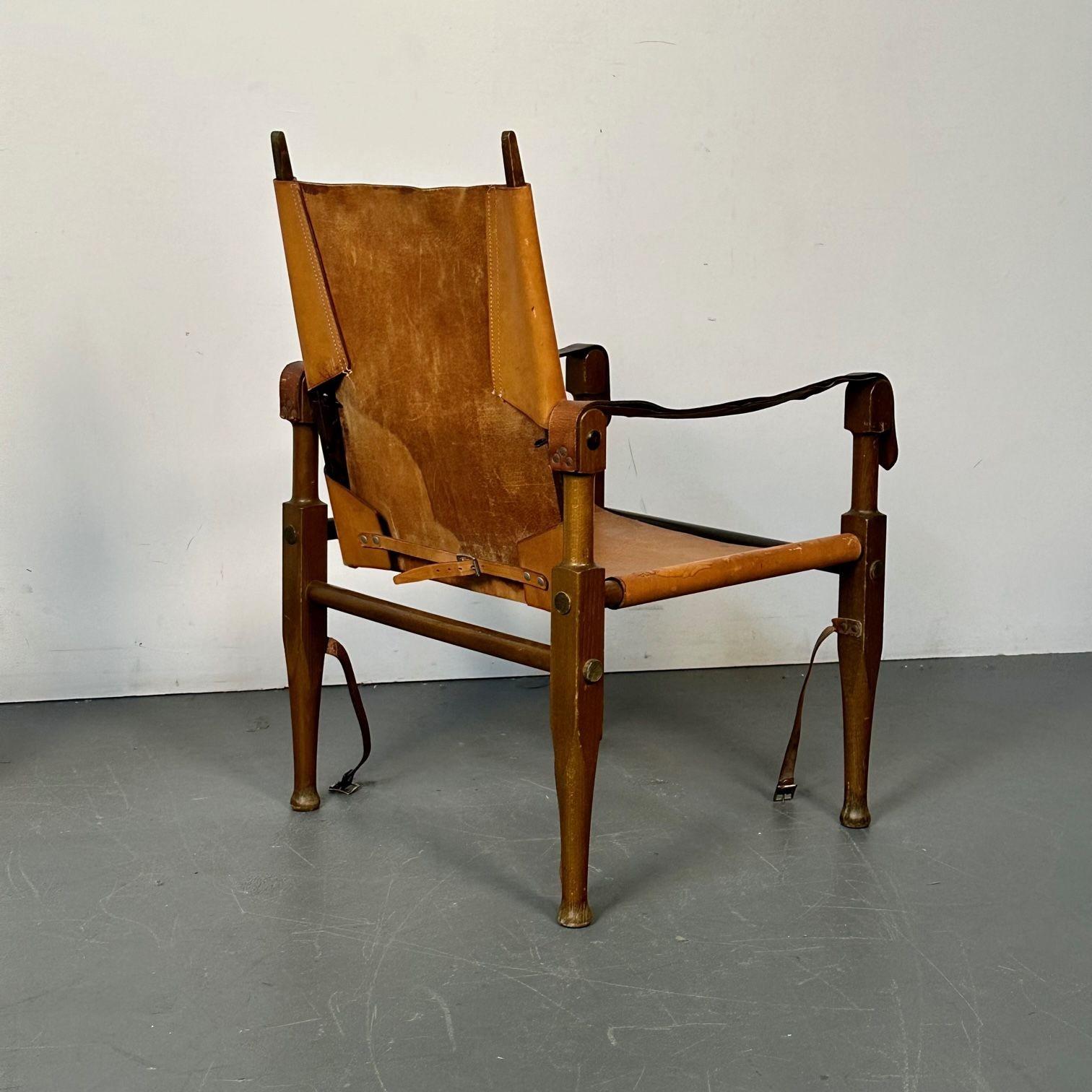 Laiton Kaare Klint, fauteuils de salon safari danois modernes du milieu du siècle dernier, cuir brun clair, années 1940 en vente