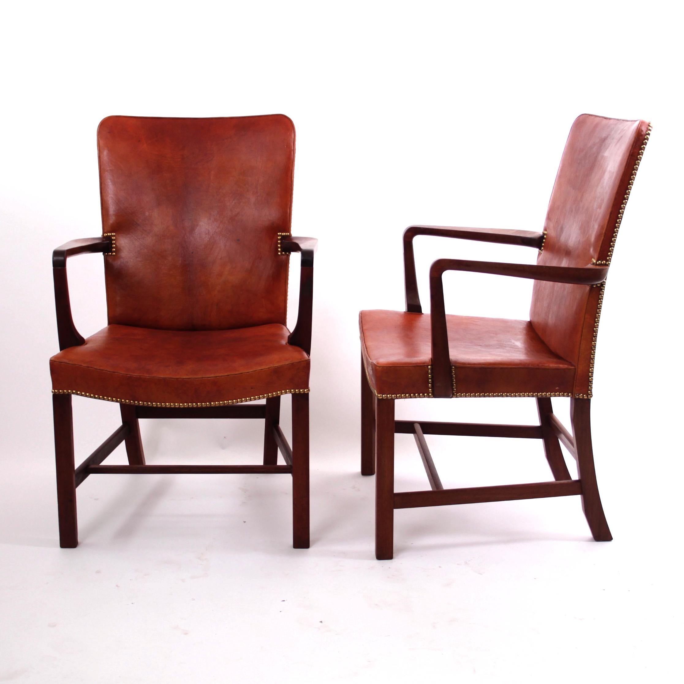 Scandinavian Modern Pair of Kaare Klint 'Nørrevold' Armchairs in Patinated Niger Leather