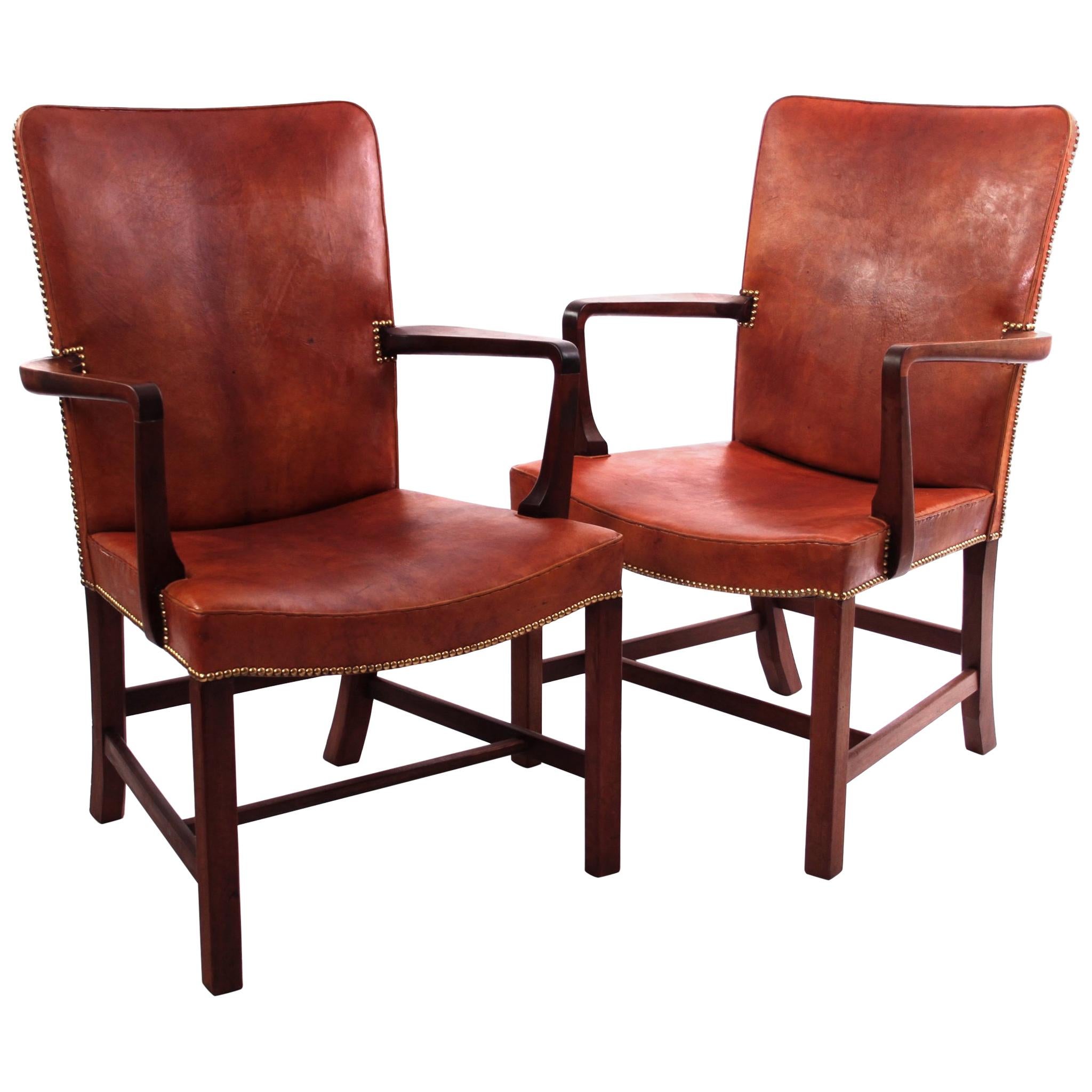 Pair of Kaare Klint 'Nørrevold' Armchairs in Patinated Niger Leather