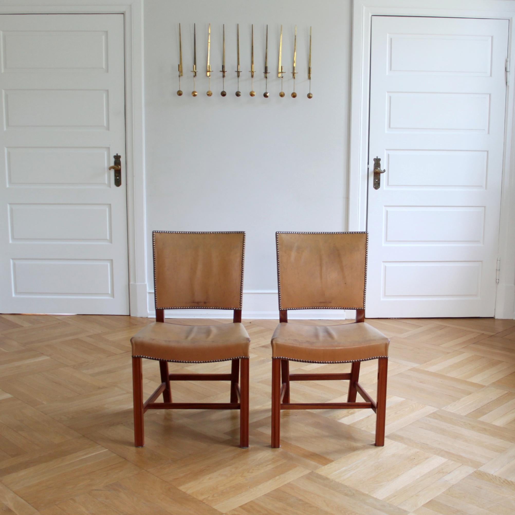 Danish Pair of Kaare Klint Red Chairs, Patinated Leather, Brass Nails and Mahogany  For Sale