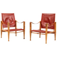 Pair of Kaare Klint Safari Chairs for Rud Rasmussen, Red Patinated Leather