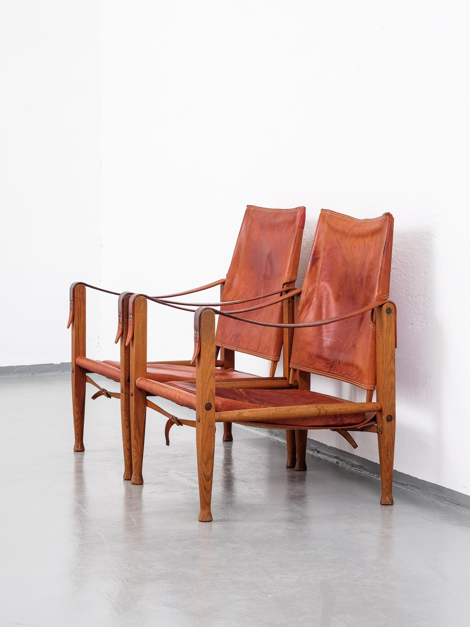 Pair of Kaare Klint Safari Chairs in Tan Leather, Rud Rasmussen, Denmark, 1960 7