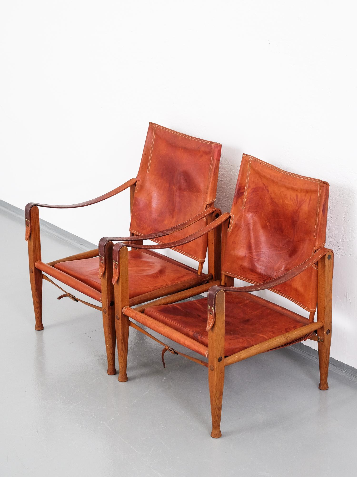 Pair of Kaare Klint Safari Chairs in Tan Leather, Rud Rasmussen, Denmark, 1960 8